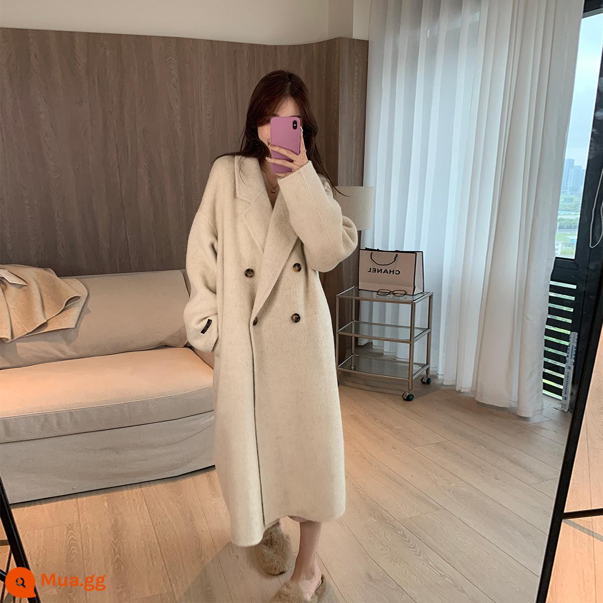 ACHI Dayechi làm dày bé lông lạc đà 2 mặt áo khoác len nữ dài vừa lười màu be 2 mặt áo khoác cashmere - Điểm khóa cao "Cotton White" còn hàng