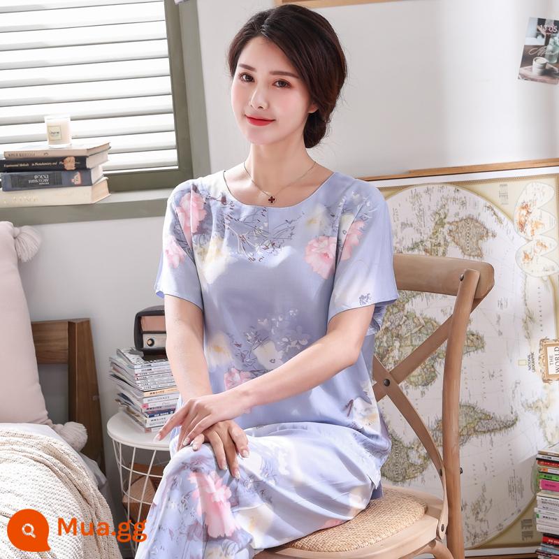 Bộ đồ ngủ bằng cotton cho người trung niên và người cao tuổi Bộ quần áo ngắn tay bằng cotton lụa mùa hè của phụ nữ cotton lụa cho mẹ quần áo mặc ở nhà cỡ lớn - Bộ hoa mẫu đơn xanh sang trọng