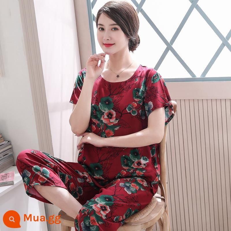 Bộ đồ ngủ bằng cotton cho người trung niên và người cao tuổi Bộ quần áo ngắn tay bằng cotton lụa mùa hè của phụ nữ cotton lụa cho mẹ quần áo mặc ở nhà cỡ lớn - Bộ Pansy đỏ Burgundy