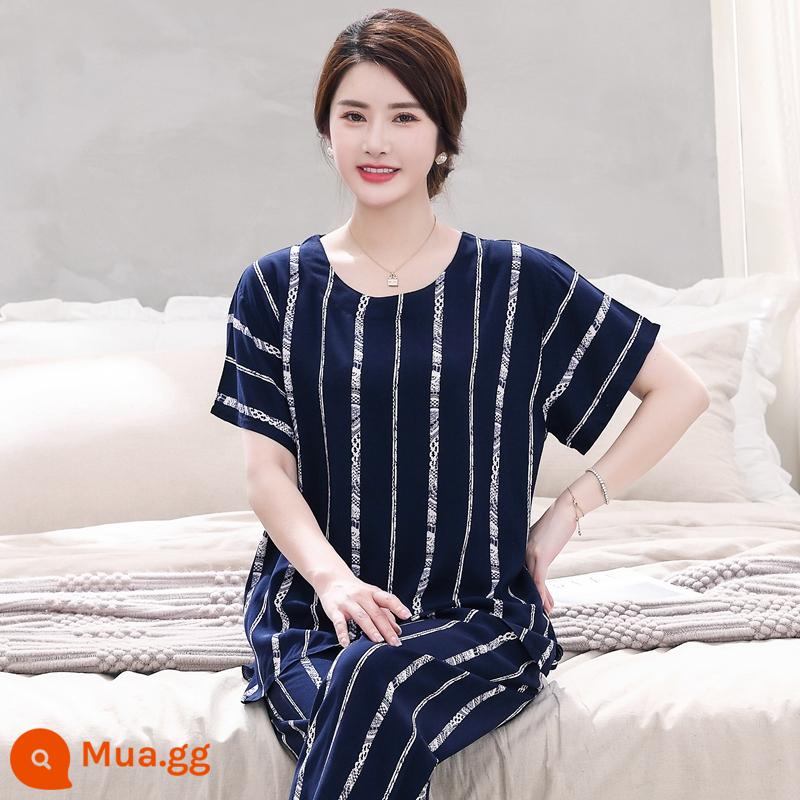 Bộ đồ ngủ bằng cotton cho người trung niên và người cao tuổi Bộ quần áo ngắn tay bằng cotton lụa mùa hè của phụ nữ cotton lụa cho mẹ quần áo mặc ở nhà cỡ lớn - Bộ đồ sọc dọc màu hải quân