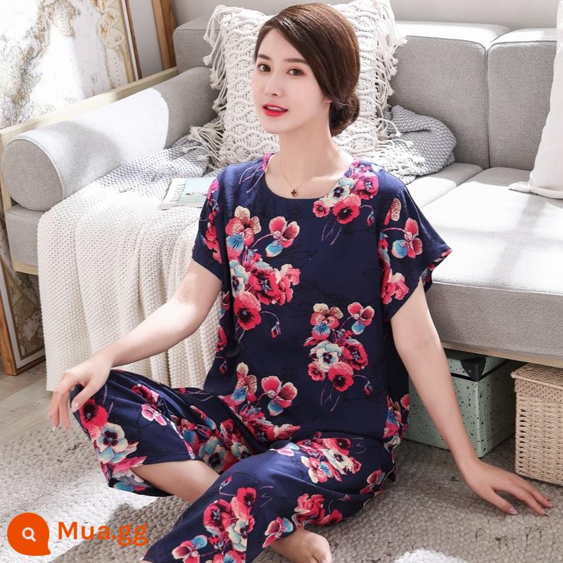 Bộ đồ ngủ bằng cotton cho người trung niên và người cao tuổi Bộ quần áo ngắn tay bằng cotton lụa mùa hè của phụ nữ cotton lụa cho mẹ quần áo mặc ở nhà cỡ lớn - Bộ pansy xanh đậm