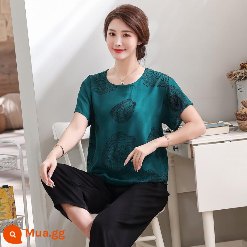 Bộ đồ ngủ bằng cotton cho người trung niên và người cao tuổi Bộ quần áo ngắn tay bằng cotton lụa mùa hè của phụ nữ cotton lụa cho mẹ quần áo mặc ở nhà cỡ lớn - Quần đen hình tròn màu xanh đậm