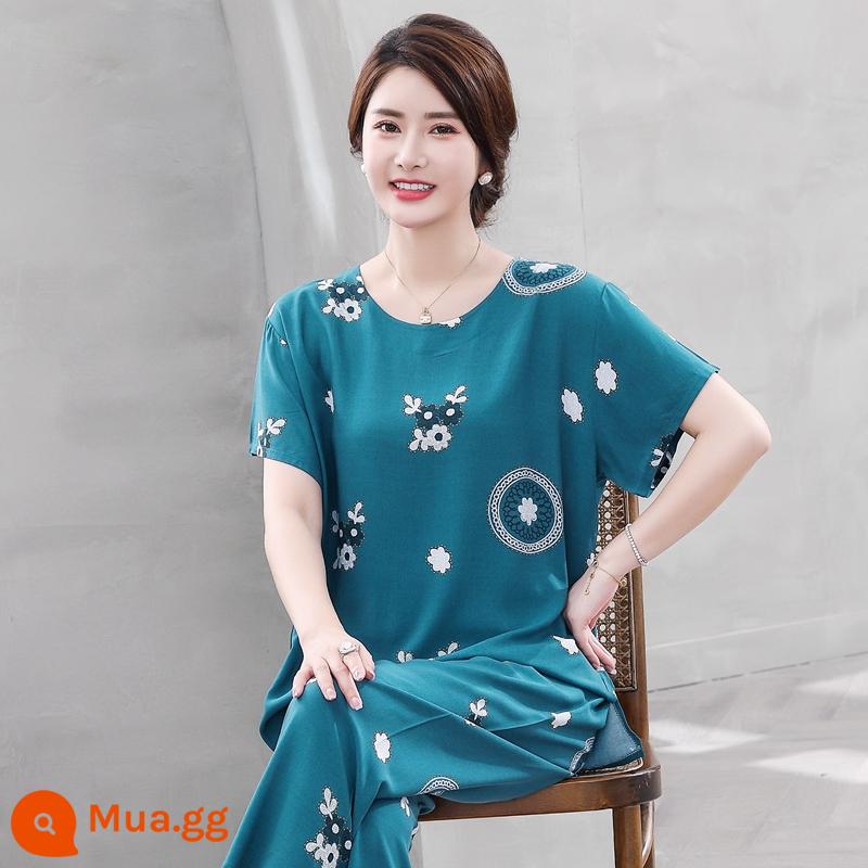 Bộ đồ ngủ bằng cotton cho người trung niên và người cao tuổi Bộ quần áo ngắn tay bằng cotton lụa mùa hè của phụ nữ cotton lụa cho mẹ quần áo mặc ở nhà cỡ lớn - Bộ hoa tròn xanh