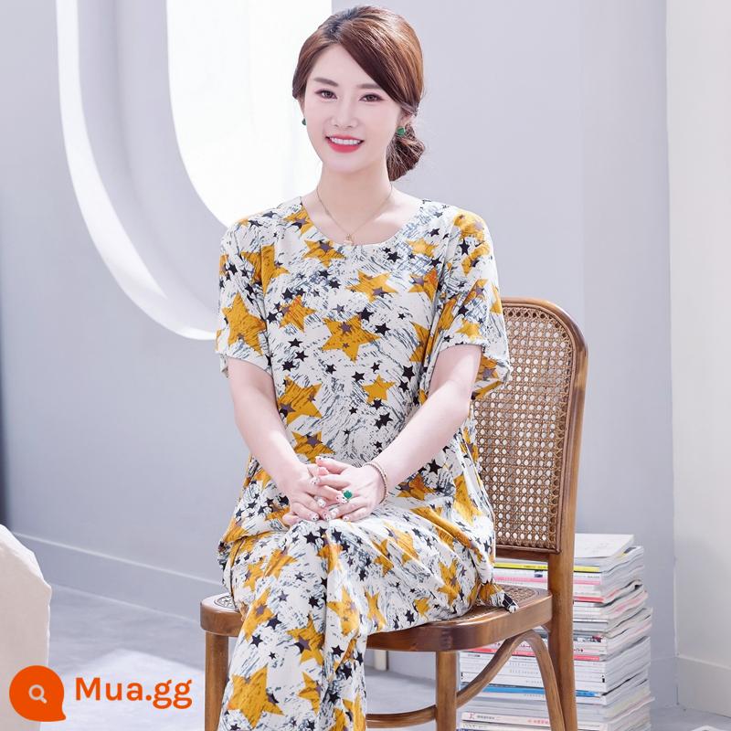 Bộ đồ ngủ bằng cotton cho người trung niên và người cao tuổi Bộ quần áo ngắn tay bằng cotton lụa mùa hè của phụ nữ cotton lụa cho mẹ quần áo mặc ở nhà cỡ lớn - bộ đồ ngôi sao