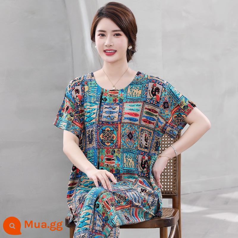 Bộ đồ ngủ bằng cotton cho người trung niên và người cao tuổi Bộ quần áo ngắn tay bằng cotton lụa mùa hè của phụ nữ cotton lụa cho mẹ quần áo mặc ở nhà cỡ lớn - Bộ cá Turbot