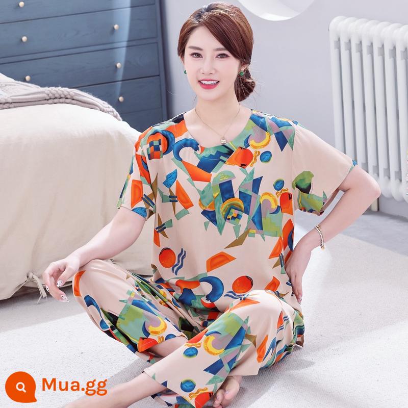 Bộ đồ ngủ bằng cotton cho người trung niên và người cao tuổi Bộ quần áo ngắn tay bằng cotton lụa mùa hè của phụ nữ cotton lụa cho mẹ quần áo mặc ở nhà cỡ lớn - bộ mô hình hình học