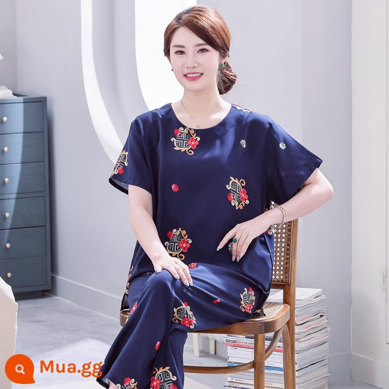 Bộ đồ ngủ bằng cotton cho người trung niên và người cao tuổi Bộ quần áo ngắn tay bằng cotton lụa mùa hè của phụ nữ cotton lụa cho mẹ quần áo mặc ở nhà cỡ lớn - Bộ hoa ước nguyện màu xanh navy