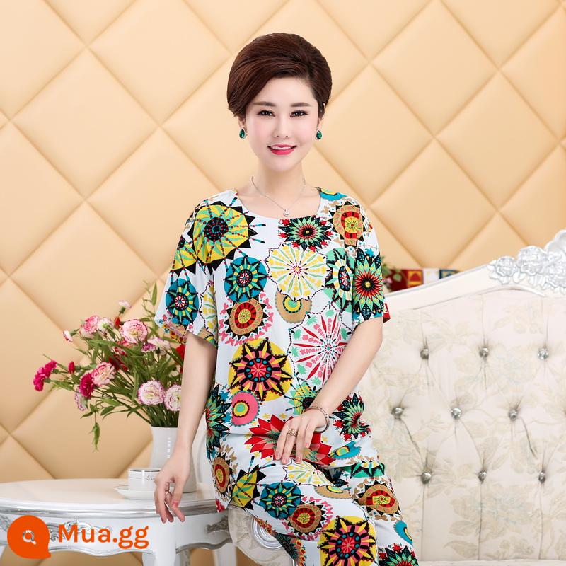 Bộ đồ ngủ bằng cotton cho người trung niên và người cao tuổi Bộ quần áo ngắn tay bằng cotton lụa mùa hè của phụ nữ cotton lụa cho mẹ quần áo mặc ở nhà cỡ lớn - bộ hướng dương