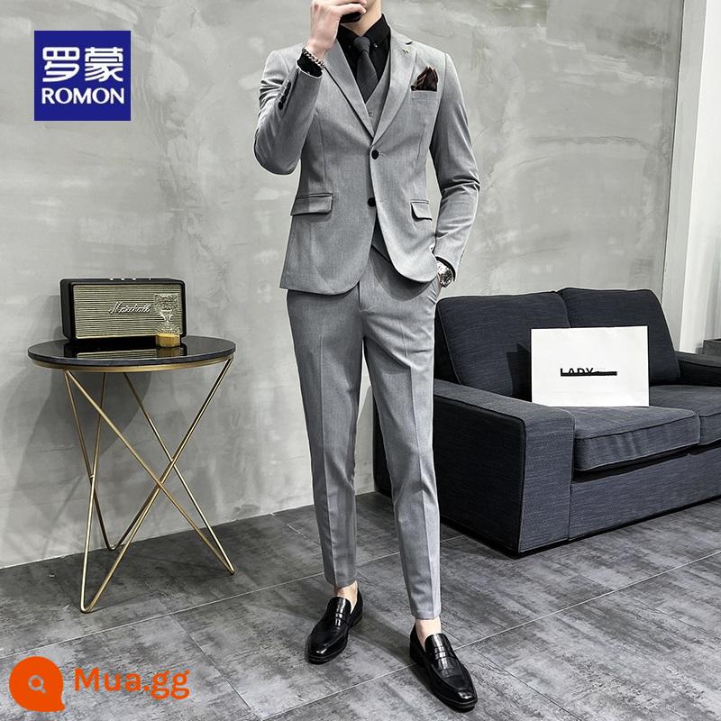 Bộ đồ chú rể Luo Meng dành cho nam giới kinh doanh chuyên nghiệp váy cưới trang trọng giản dị phong cách Anh quốc bộ đồ mỏng dành cho nam giới - Bộ 3 món màu xám nhạt [suit + vest + quần] kèm áo và túi quà