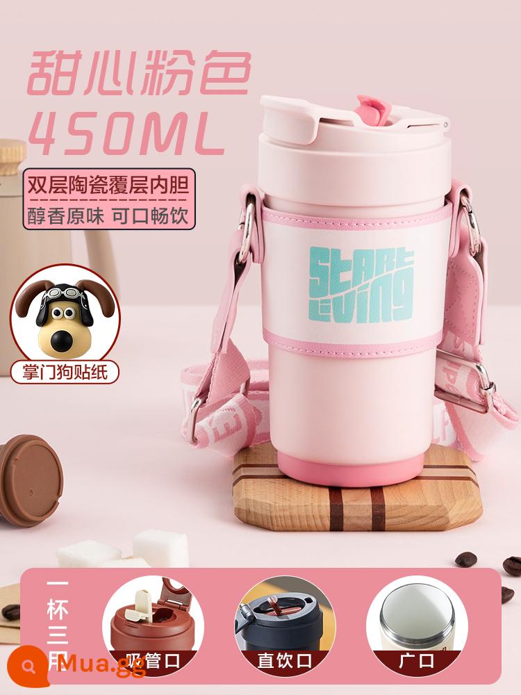 Supor cách nhiệt Cà phê Cup Girls High Beauty Straw Water Cup đi kèm với bộ đếm gốm sứ lớn lớn - Bột Sweetheart 450ml + tay áo cốc [phủ gốm] đi kèm nhãn dán + cọ cốc + cọ dạng ống