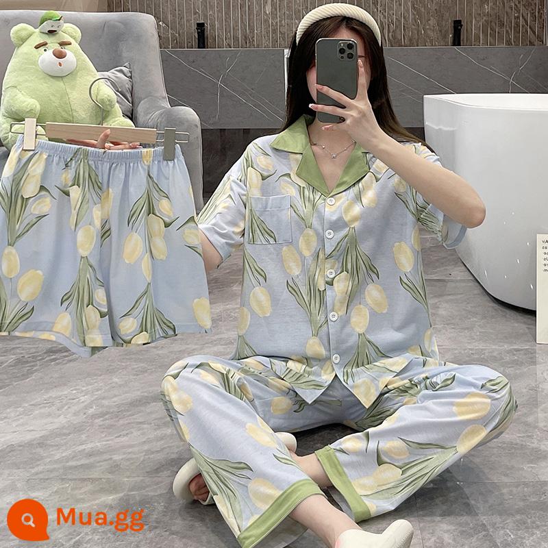 Bộ đồ ngủ ba mảnh có đệm ngực mùa hè nữ cotton nguyên chất mới đơn giản cao cấp cảm giác cỡ lớn ngắn tay phần mỏng dịch vụ tại nhà - 1311 Bộ ba mảnh hoa vàng