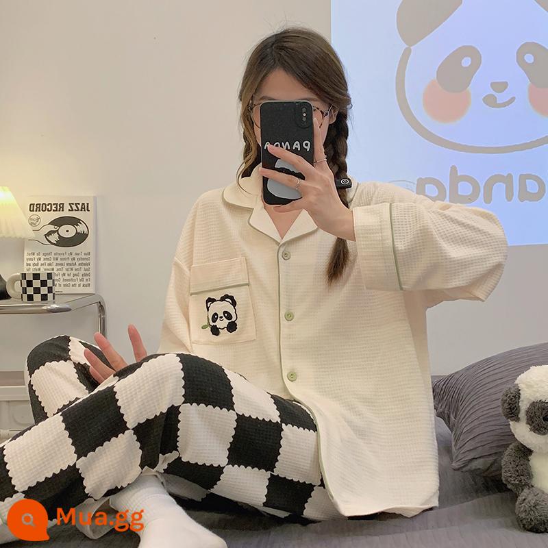 Bộ đồ ngủ cotton thường ngày cho nữ xuân thu đông 2022 bộ quần áo mặc ở nhà dài tay đơn giản mới bộ đồ hai mảnh - 682 Quần kẻ sọc hình gấu trúc