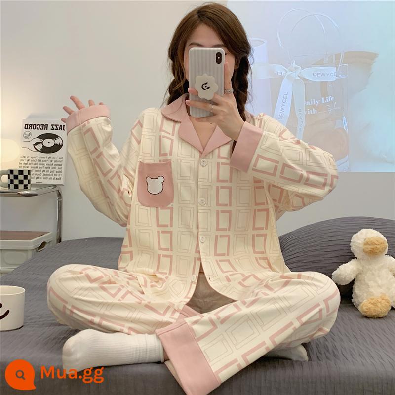 Bộ đồ ngủ nữ có thể mặc ra ngoài vào mùa xuân thu đông cotton nguyên chất dễ thương và trẻ trung bộ đồ mặc nhà mới 2022 rộng rãi - 6229 Gấu túi