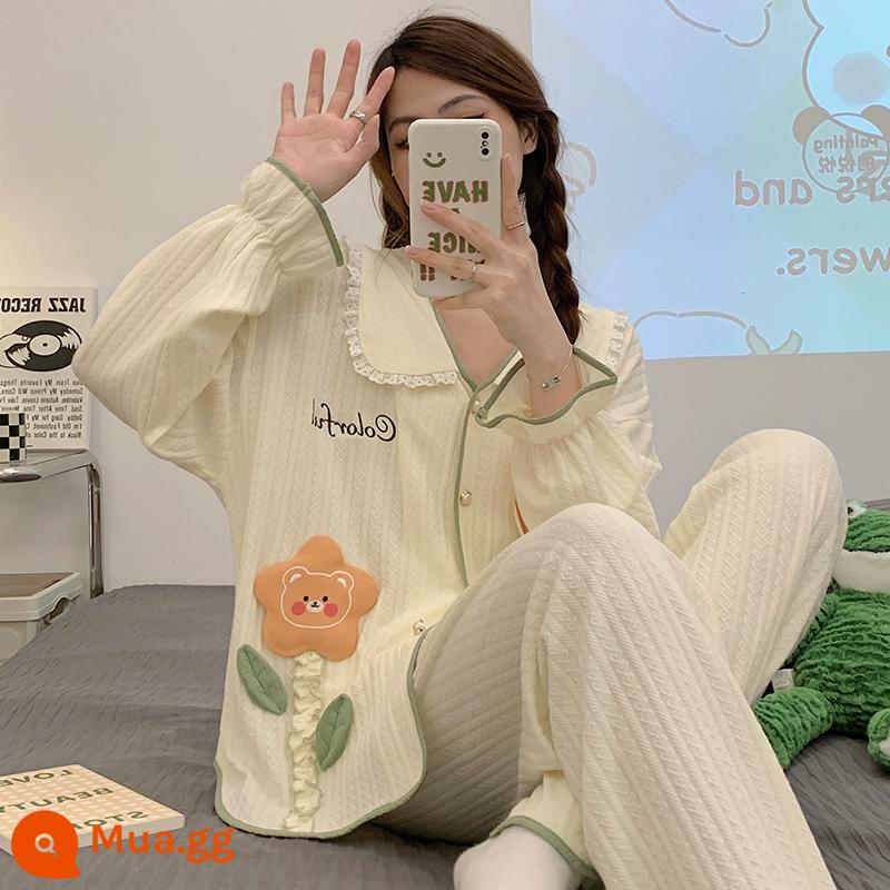 Bộ đồ ngủ nữ cotton nhỏ tươi mới 2022 xuân thu đông dài tay jacquard phong cách công chúa bộ đồ phục vụ tại nhà - 3508 Hoa Gấu