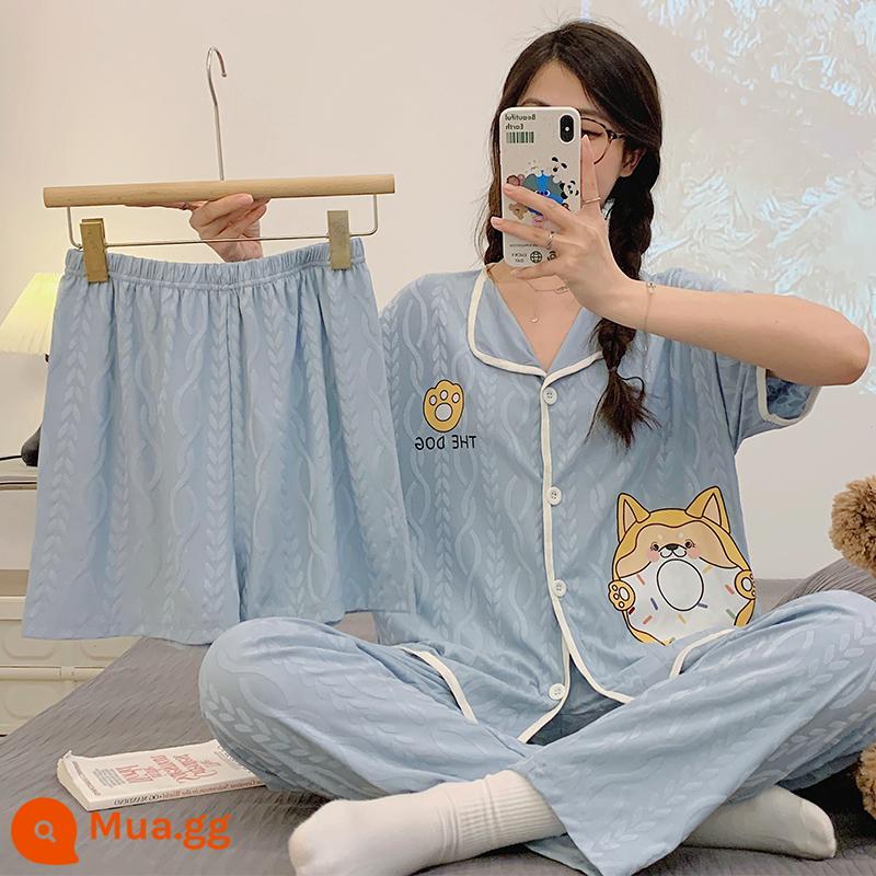 Bộ đồ ngủ ba mảnh có đệm ngực mùa hè nữ cotton nguyên chất mới đơn giản cao cấp cảm giác cỡ lớn ngắn tay phần mỏng dịch vụ tại nhà - Bộ ba món hình cún con ZS7513 dễ thương