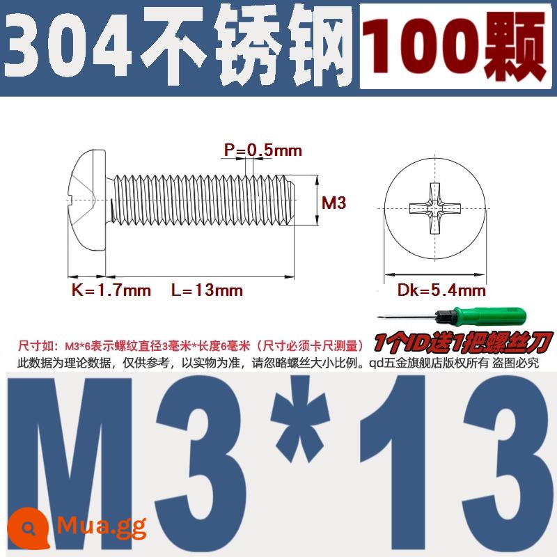 M1M2M3M4M5M6M8M10 304 thép không gỉ đầu tròn vít chéo chảo đầu bu lông đai ốc phẳng máy giặt - M3*13/100 miếng