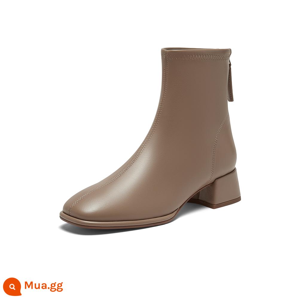 Hình Ảnh Đẹp Nhất 23 Mới Mùa Đông Trắng Pháp Mắt Cá Chân Giày Slim Boots Plus Nhung Dày Cao Gót Giày Boot Cổ Ngắn Nữ MD502DD3 - Apricot-4CM phong cách cổ điển thông thường