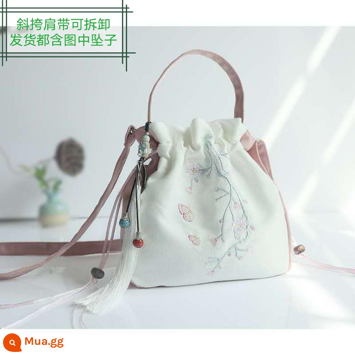 Túi đeo chéo Hanfu thêu yếu tố Trung Quốc túi phong cách cổ điển tua rua văn chương phong cách dân tộc giản dị túi sườn xám đa năng sức chứa lớn - Hoa anh đào màu hồng và trắng khuyên dùng 20 * 21,5 * 7cm