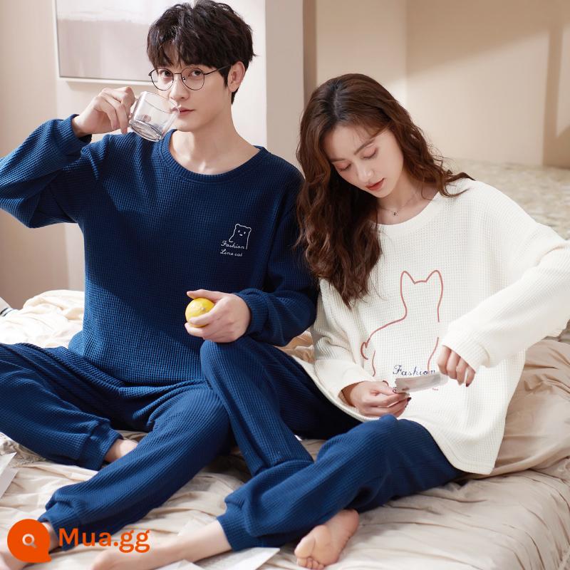 Bộ đồ ngủ cặp đôi Nanjiren Mùa xuân và mùa thu cotton nguyên chất dài tay cho nam và nữ Bộ đồ mùa thu và mùa đông Sunny Homewear - ZX:3303 cặp đôi nữ hoa mai nam màu xanh phim hoạt hình tiếng Anh áo thun dài tay và quần dài