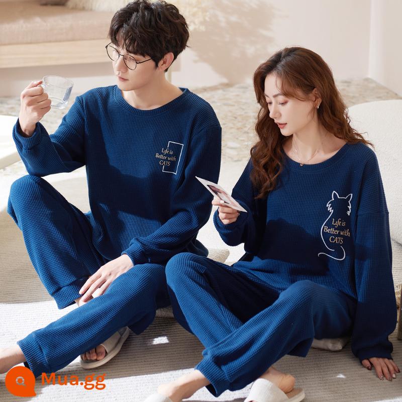 Bộ đồ ngủ cặp đôi Nanjiren Mùa xuân và mùa thu cotton nguyên chất dài tay cho nam và nữ Bộ đồ mùa thu và mùa đông Sunny Homewear - ZX:3306 Cặp đôi áo thun dài tay và quần dài kiểu Anh có lưng mèo màu xanh kiểu Anh