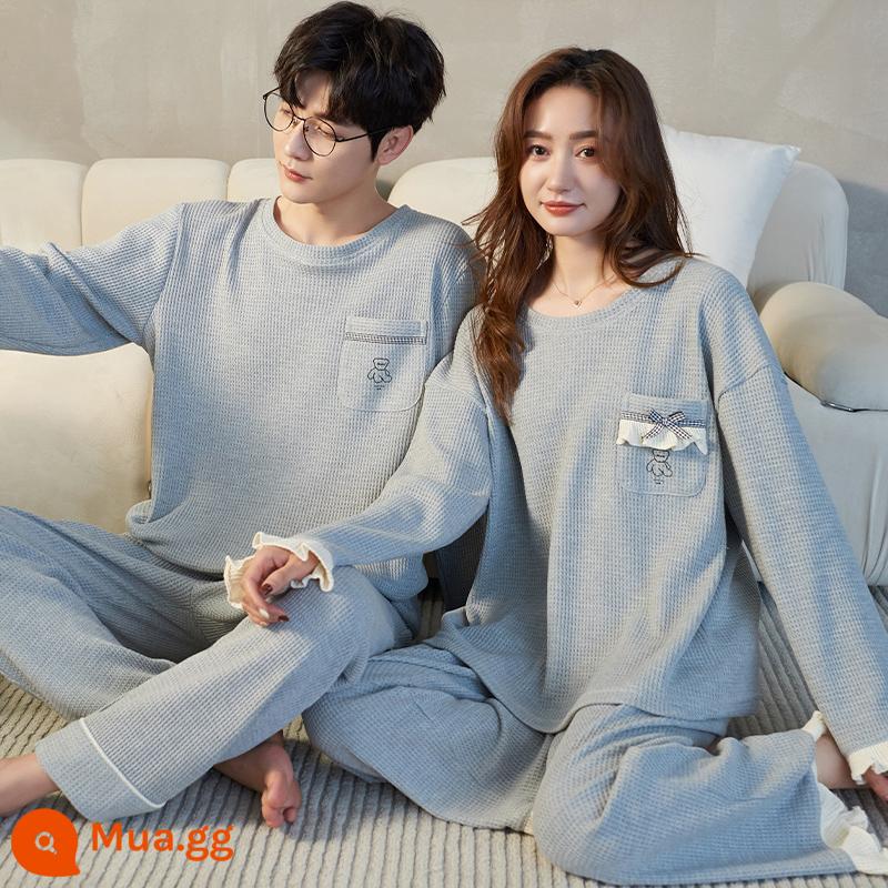 Bộ đồ ngủ cặp đôi Nanjiren Mùa xuân và mùa thu cotton nguyên chất dài tay cho nam và nữ Bộ đồ mùa thu và mùa đông Sunny Homewear - ZX:3308 cặp đôi áo thun dài tay và quần dài có nơ màu xám