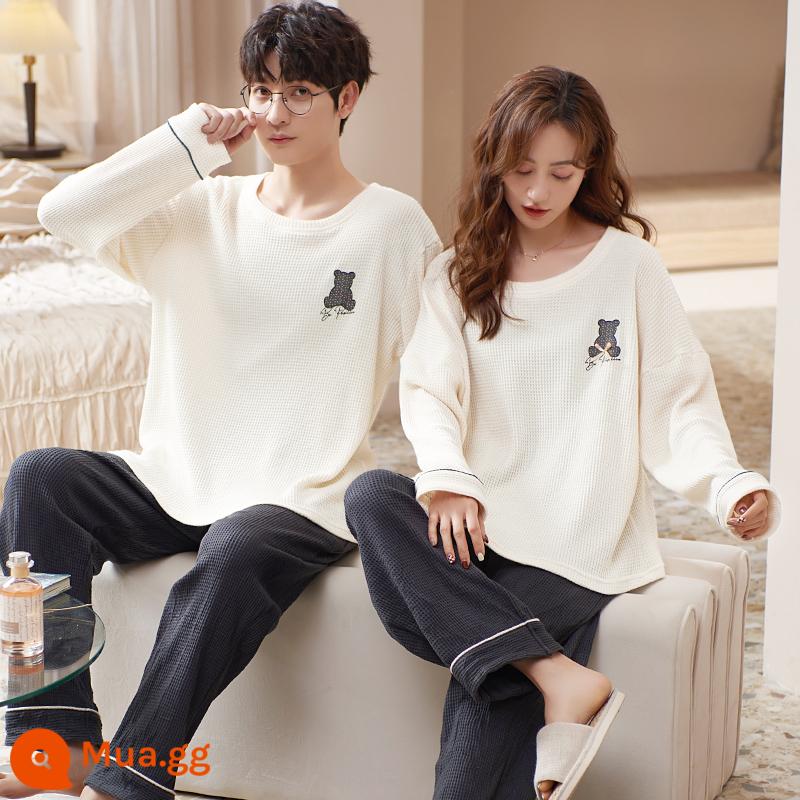 Bộ đồ ngủ cặp đôi Nanjiren Mùa xuân và mùa thu cotton nguyên chất dài tay cho nam và nữ Bộ đồ mùa thu và mùa đông Sunny Homewear - ZX:3304 Cặp đôi nơ gấu mai áo thun dài tay quần dài