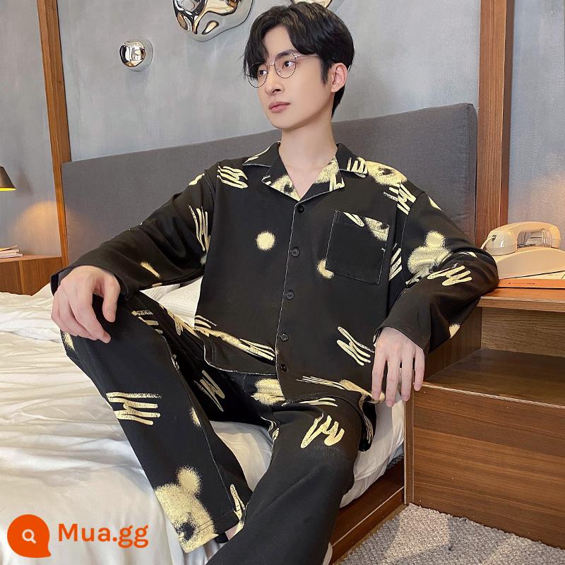 Đàn ông Pyjamas Mùa xuân nam và mùa thu tinh khiết cotton cotton trẻ mùa đông Nội thất gia đình Tide Hương vị mát mẻ Mùa thu 2022 MỚI - LX:34298 Áo khoác cardigan nam màu đen không đều họa tiết cotton nguyên chất Quần dài tay