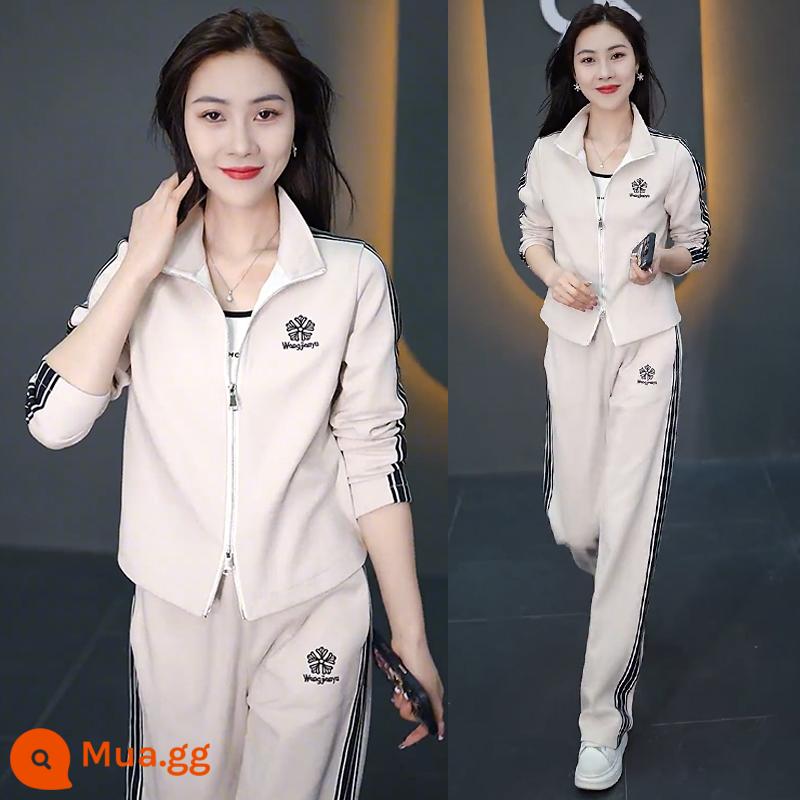 Bộ đồ thể thao thông thường nữ xuân thu 2023 phong cách mới thời trang năm nay cardigan nước ngoài quần ống rộng bộ đồ hai mảnh - Màu trà sữa [bộ hai món]