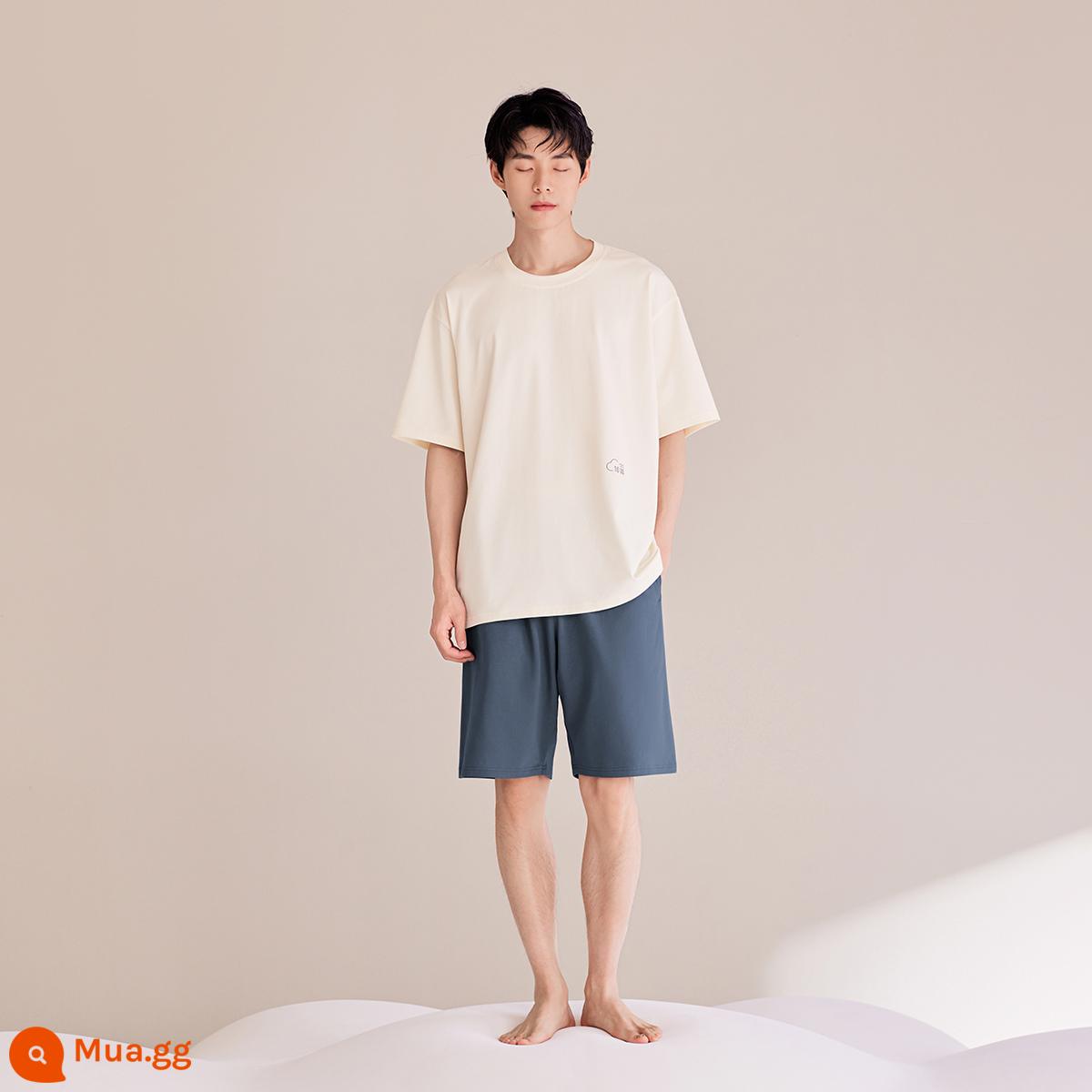 Jingyun [loại tạo cảm giác mát mẻ] Bộ đồ ngủ bằng cotton nguyên chất cho nam mùa hè 2022 bộ đồ ngủ ngắn tay mỏng ở nhà có thể mặc bên ngoài bộ đồ - Quần short trắng (bán trước L trong 5 ngày)