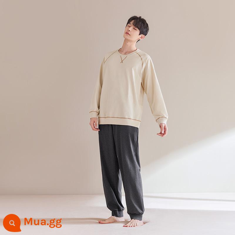 Jingyun [Siêu mềm] Bộ đồ ngủ dài tay cotton phong cách mùa xuân và mùa thu mới dành cho nam - Suit nam màu trắng trăng