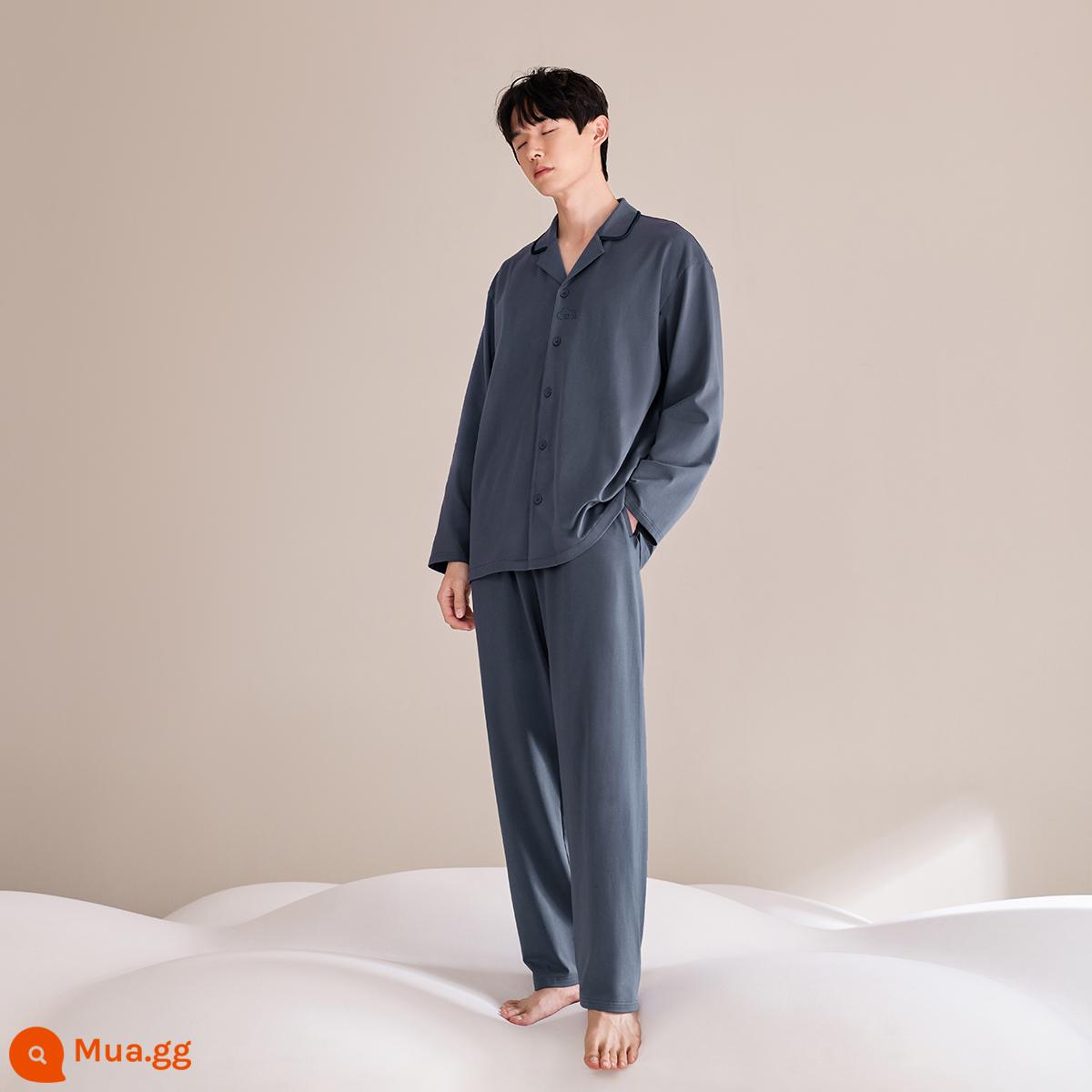 Jingyun [Siêu mềm] Cloud Type A Bộ đồ ngủ kháng khuẩn và chống ve dành cho nữ Mùa xuân và mùa thu Cotton nguyên chất Cặp đôi Bộ đồ phục vụ tại nhà dành cho nam - Áo cardigan nam màu xám xanh mèo