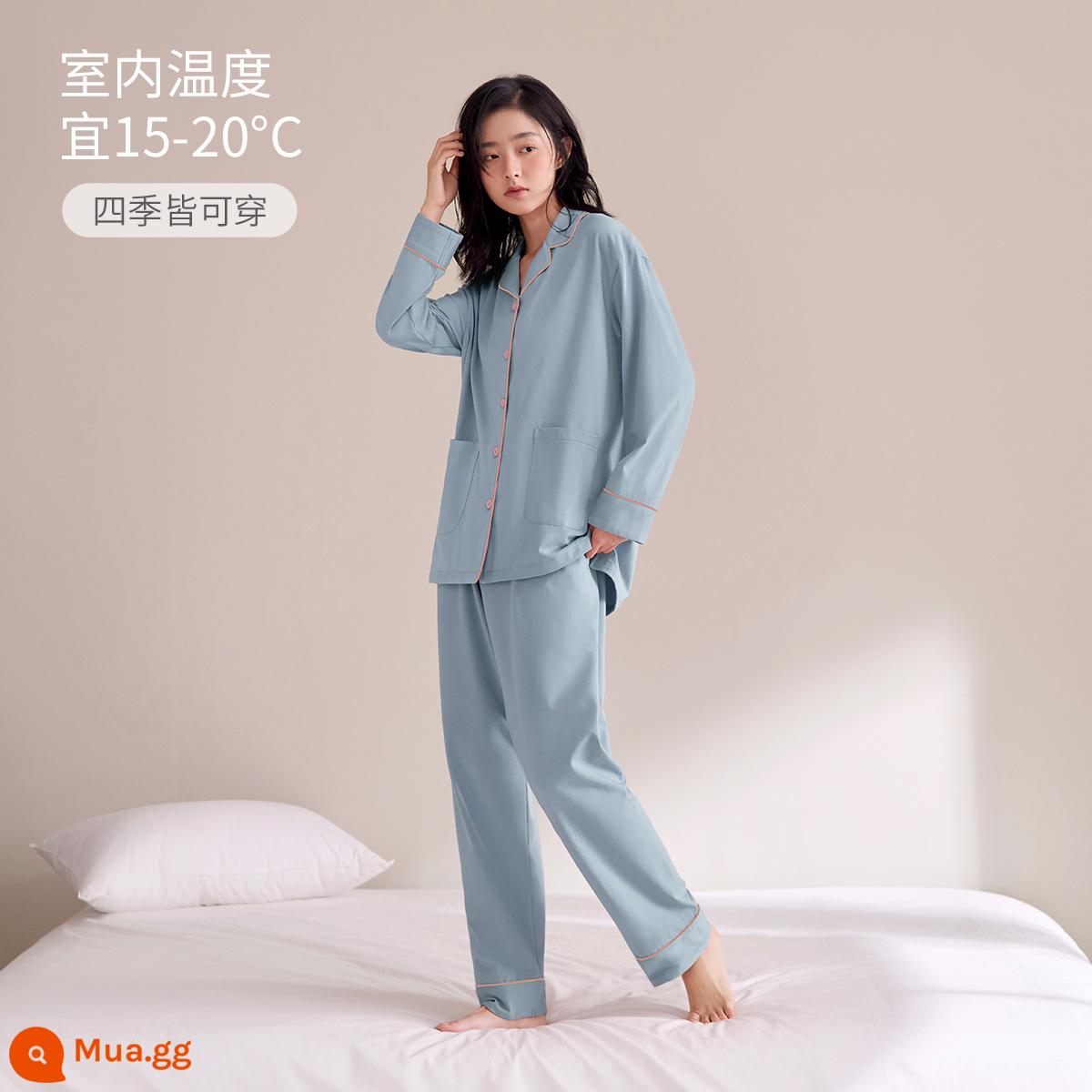 Jingyun [Siêu Mềm] Bộ Đồ Ngủ Nữ Mùa Xuân Và Mùa Thu Cotton Nguyên Chất Cặp Đôi Ngủ Dịch Vụ Tại Nhà Bộ Đồ Nam Dài Tay Thu Đông Dày Dặn - [Bốn Mùa] Phong cách nữ-Azure