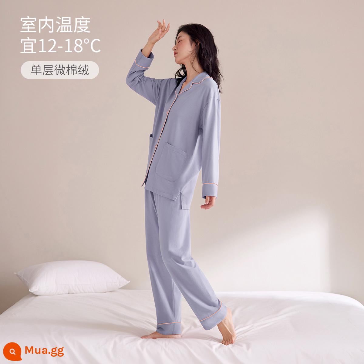 Jingyun [Siêu Mềm] Bộ Đồ Ngủ Nữ Mùa Xuân Và Mùa Thu Cotton Nguyên Chất Cặp Đôi Ngủ Dịch Vụ Tại Nhà Bộ Đồ Nam Dài Tay Thu Đông Dày Dặn - [Phong cách dày vừa phải] Phong cách nữ – Tím cỏ