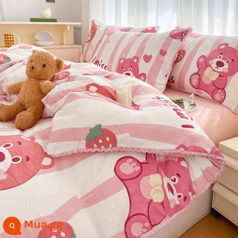 Vỏ chăn đơn 150x200x230 Vỏ chăn chải lông đơn dài 1,5m ký túc xá thu đông không cotton cotton nguyên chất - ✅Đã kiểm tra chất lượng]Dâu tây Bear]100% cotton đã giặt có trọng lượng cao