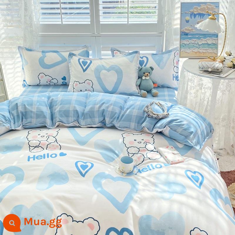 Ins Hoạt Hình Giường 4 Mùa Đông Nước Tinh Khiết Giặt Ga Giường Cotton Vỏ Chăn Đơn Ký Túc Xá Sinh Viên 3 bộ 4 - gấu trái tim màu xanh