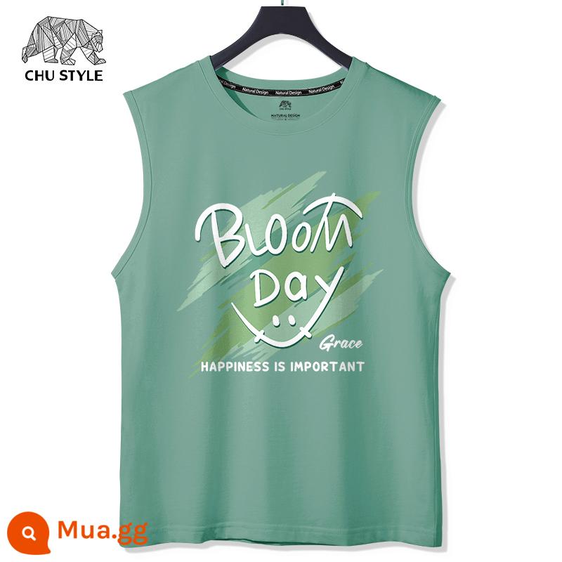 Vest nam áo ghi lê thể thao nam vai rộng cắt tay mùa hè cotton nguyên chất mỏng phần béo size lớn áo thun không tay thủy triều - Màu xanh nước biển (nụ cười tươi)