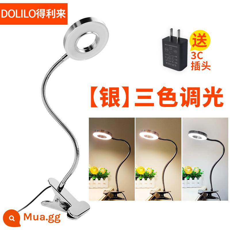 Kẹp đèn LED hình xăm đèn mờ làm đẹp đèn bảo vệ mắt đèn bàn đầu giường đèn kẹp loại học sinh bàn học đèn kẹp - Bạc-5W [Ánh sáng ba tông màu vô tận]