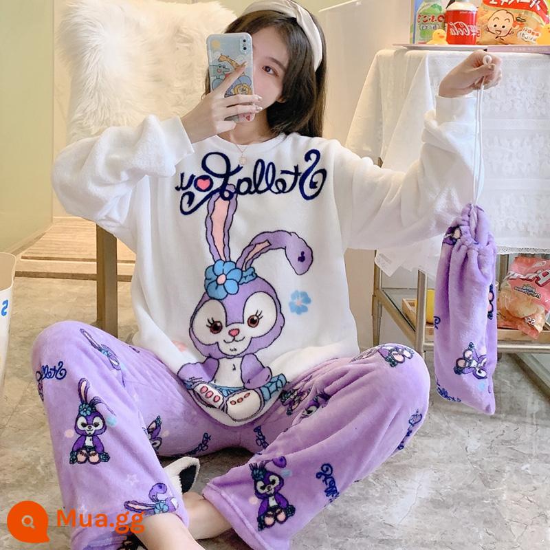 Coral Velvet Pyjamas Nữ Autumn and Winter Plus Plus Velvet dày Phông hoạt phim Nhật Bản Trang phục giải trí lớn - thỏ tím nhung