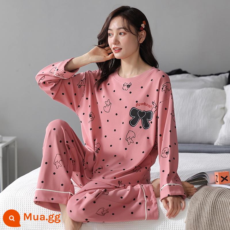 Bộ đồ ngủ bằng cotton nguyên chất cho nữ mùa xuân thu đông dài tay phong cách Hàn Quốc cho chị béo size lớn có thể mặc ngoài nhà cho học sinh Bộ đồ thể thao thông thường - 1973