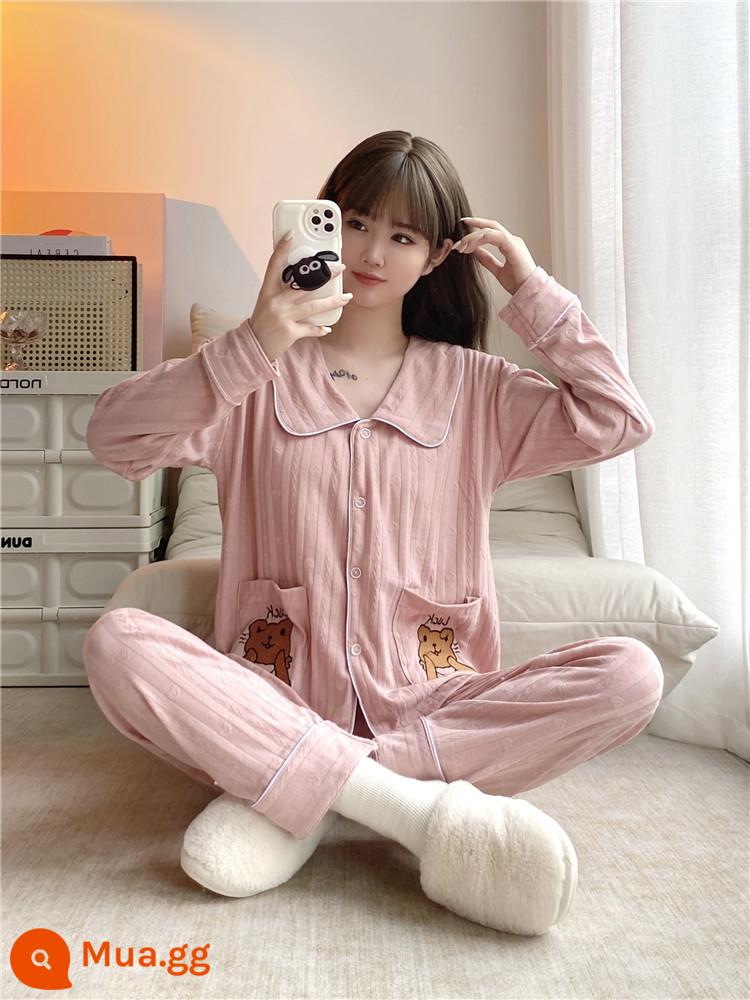 Bộ đồ ngủ bằng cotton nguyên chất mùa thu và mùa đông của phụ nữ nổi tiếng trên Internet phong cách nóng bỏng ngọt ngào và dễ thương phim hoạt hình mặc nhà thường ngày bộ đồ dài tay mùa xuân và mùa thu - 9092 #hồng