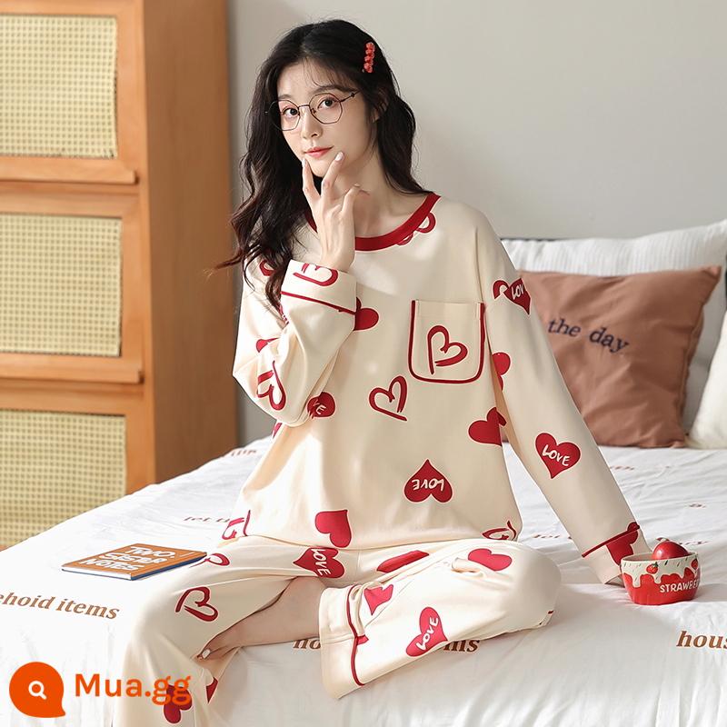 Bộ đồ ngủ bằng cotton nguyên chất cho nữ mùa xuân thu đông dài tay phong cách Hàn Quốc cho chị béo size lớn có thể mặc ngoài nhà cho học sinh Bộ đồ thể thao thông thường - 1970