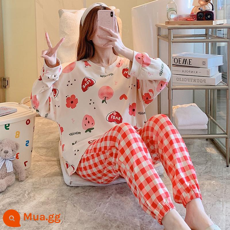 Phiên bản Hàn Quốc của bộ đồ ngủ hai mảnh dài tay mùa xuân và mùa thu cotton nguyên chất cho nữ phần mỏng lỏng lẻo thường phục vụ sinh viên tại nhà phù hợp với kích thước lớn - HS 5912-1#