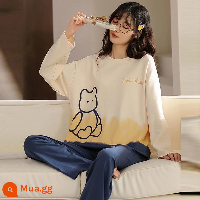 Bộ đồ ngủ cotton giả phương thức mùa xuân và mùa thu của phụ nữ mỏng phần lưới dài tay màu đỏ béo em gái cỡ lớn trang phục hai mảnh giản dị ở nhà - 784-3#Gấu xanh