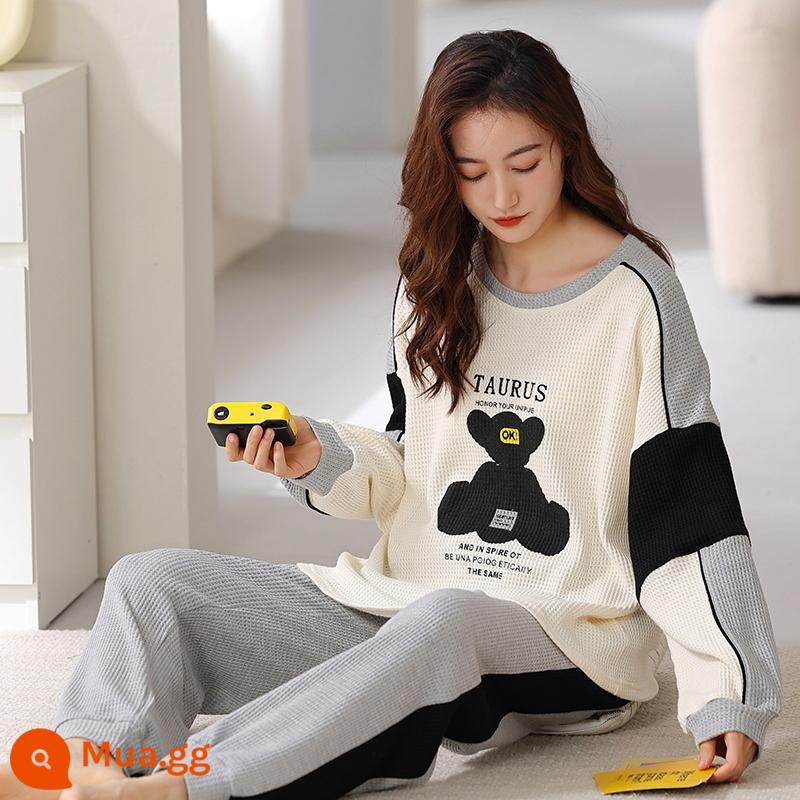 Bộ đồ ngủ cotton waffle dài tay mùa xuân và mùa thu của phụ nữ phiên bản Hàn Quốc hoạt hình dễ thương sinh viên phục vụ tại nhà cỡ lớn có thể mặc bên ngoài bộ đồ - 6890 nữ