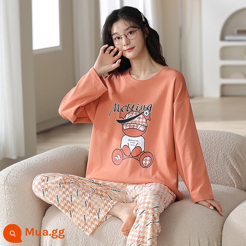 Bộ đồ ngủ bằng cotton nguyên chất cho nữ mùa xuân thu đông dài tay phong cách Hàn Quốc cho chị béo size lớn có thể mặc ngoài nhà cho học sinh Bộ đồ thể thao thông thường - 1975