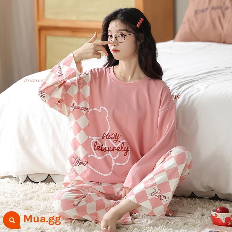 Bộ đồ ngủ bằng cotton nguyên chất cho nữ mùa xuân thu đông dài tay phong cách Hàn Quốc cho chị béo size lớn có thể mặc ngoài nhà cho học sinh Bộ đồ thể thao thông thường - 1971