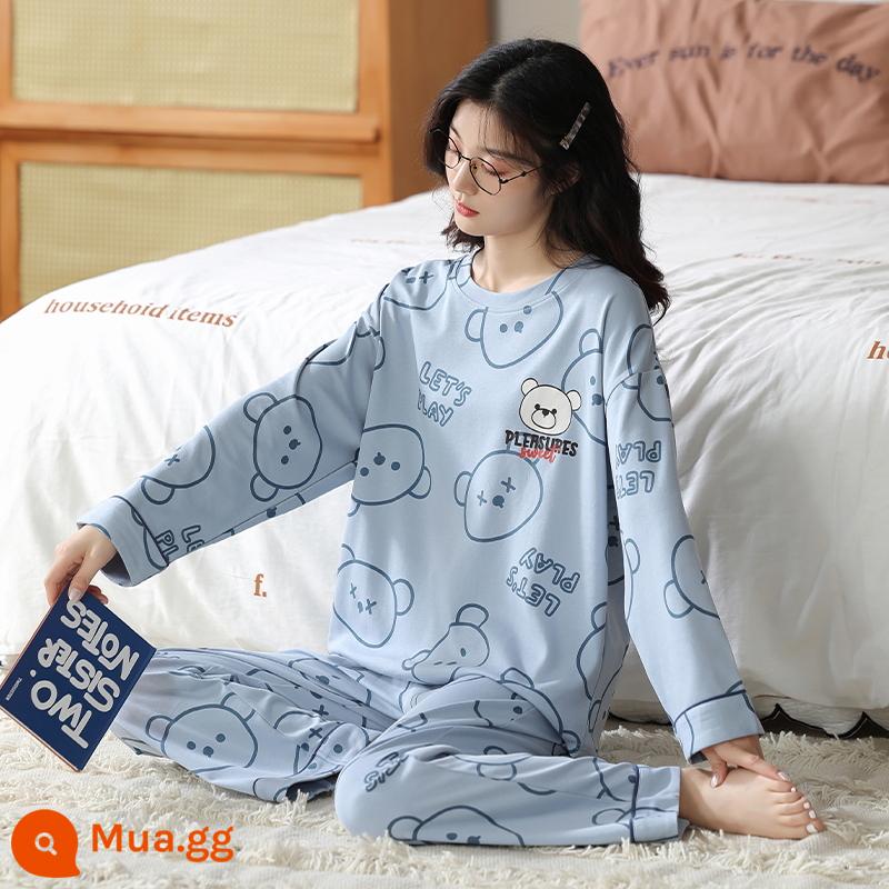 Bộ đồ ngủ bằng cotton nguyên chất cho nữ mùa xuân thu đông dài tay phong cách Hàn Quốc cho chị béo size lớn có thể mặc ngoài nhà cho học sinh Bộ đồ thể thao thông thường - 1966