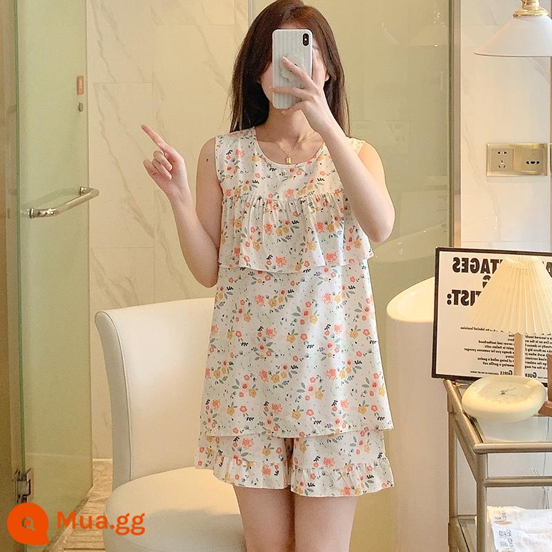 Bộ đồ ngủ chống lồi mùa hè của phụ nữ cotton lụa siêu mỏng mùa hè áo vest quần short không tay phù hợp với cotton lụa mát phục vụ tại nhà - Áo vest MJ-FTD màu trắng nhạt hoa