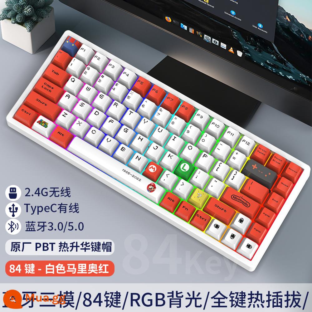 Tùy Chỉnh 3 Chế Độ 84 Phím Không Dây Có Dây Bluetooth RGB Tắt Tiếng Bàn Phím Cơ Có Thể Thay Nóng Bộ Chung Chủ Đề - Bàn phím Mario ba chế độ màu đỏ nền trắng C84