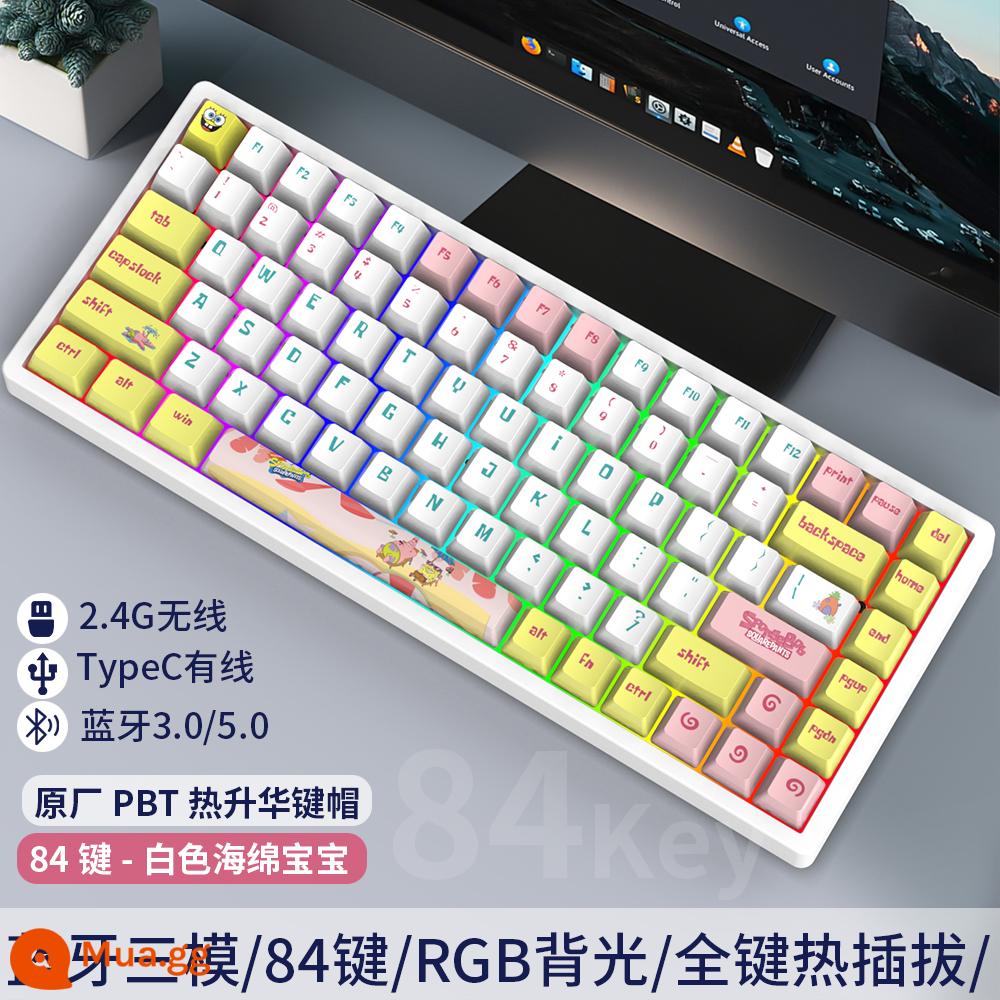 Tùy Chỉnh 3 Chế Độ 84 Phím Không Dây Có Dây Bluetooth RGB Tắt Tiếng Bàn Phím Cơ Có Thể Thay Nóng Bộ Chung Chủ Đề - Bàn phím SpongeBob SquarePants nền trắng C84 ba chế độ